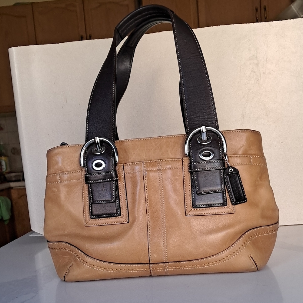 Coach Tan and Black Leather Shoulder Bag
